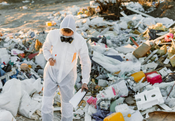 Researcher looking at plastic landfill analyzing environmental p discarica